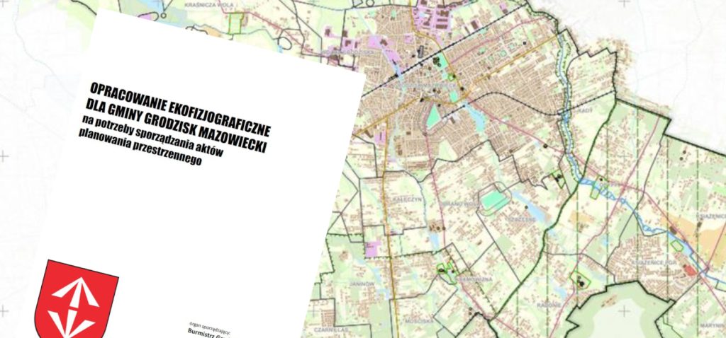 Część mapy gminy Grodzisk Mazowiecki z zrzutem części pierwszej strony dokumentu "Opracowanie ekofizjograficzne
Grodzisk Mazowiecki"